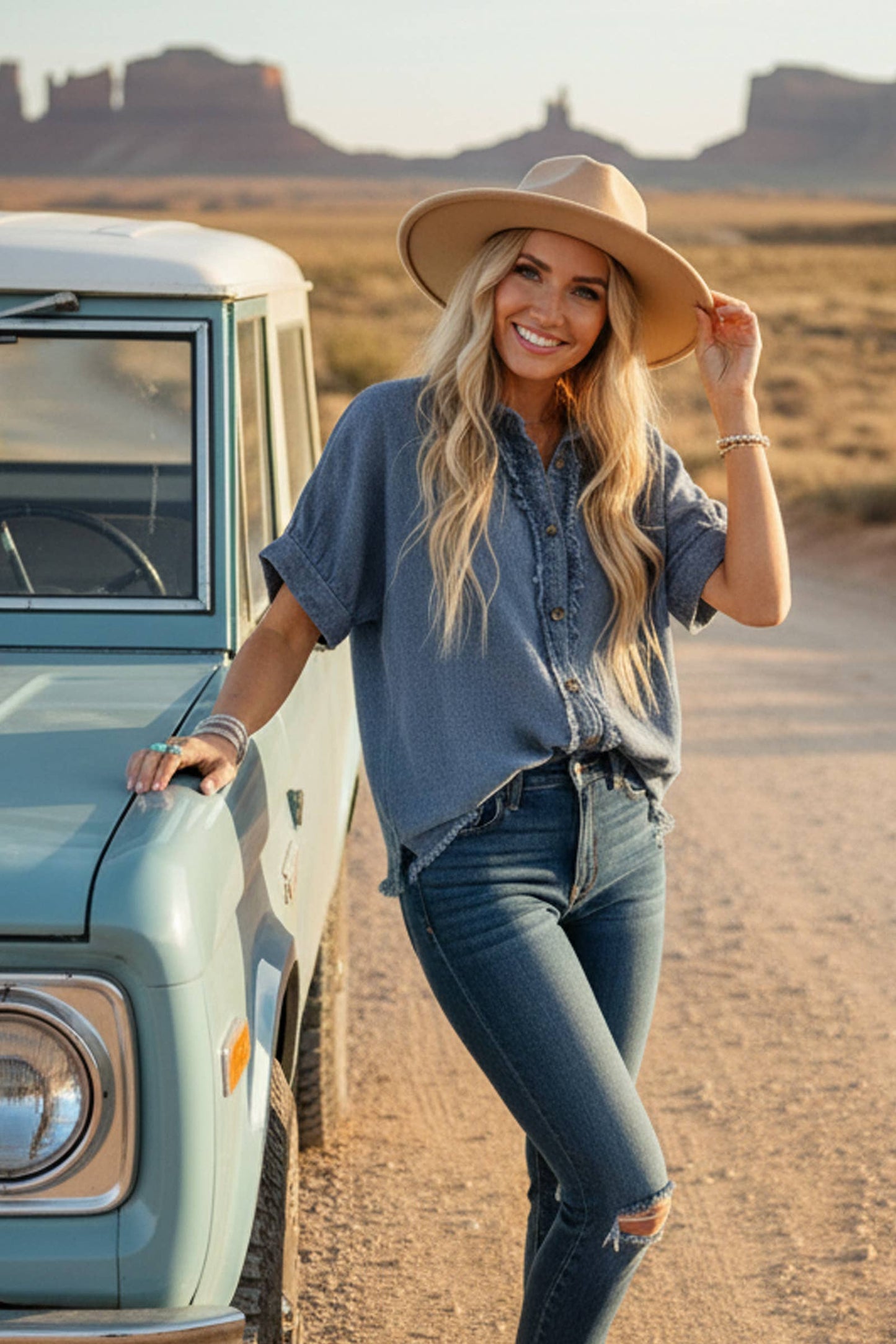 Frayed Trim Denim Top