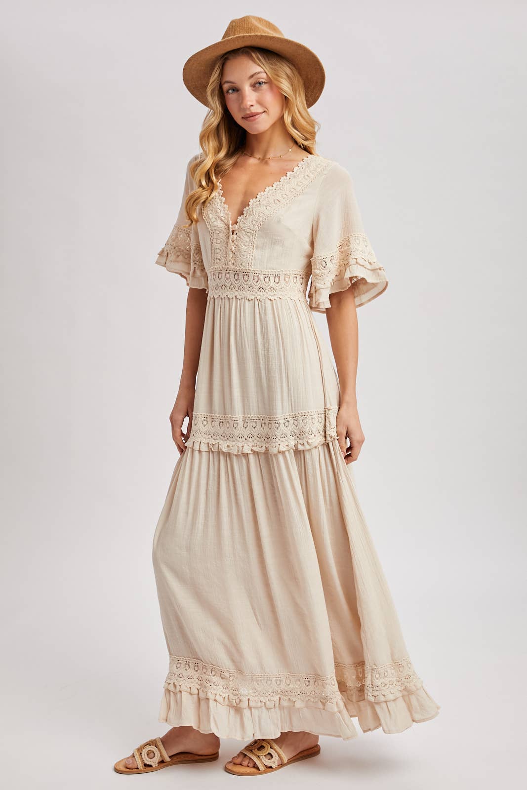 V-NECK LACE TRIM MAXI