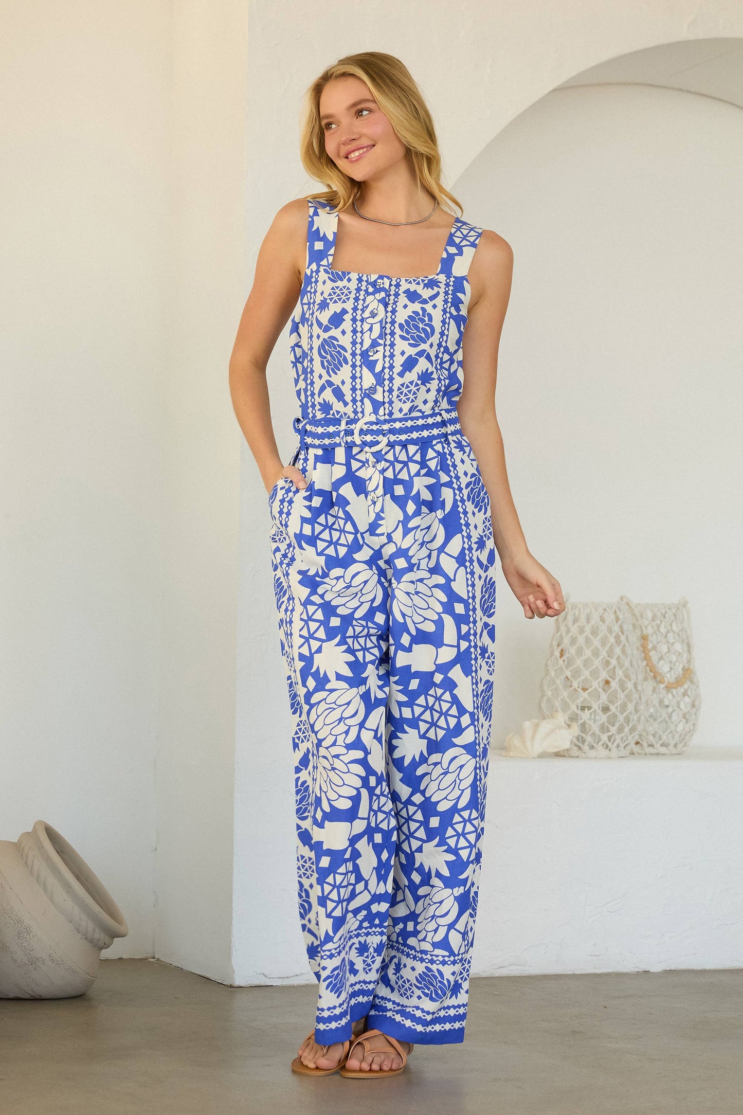 Button Front Jumpsuit with Belt