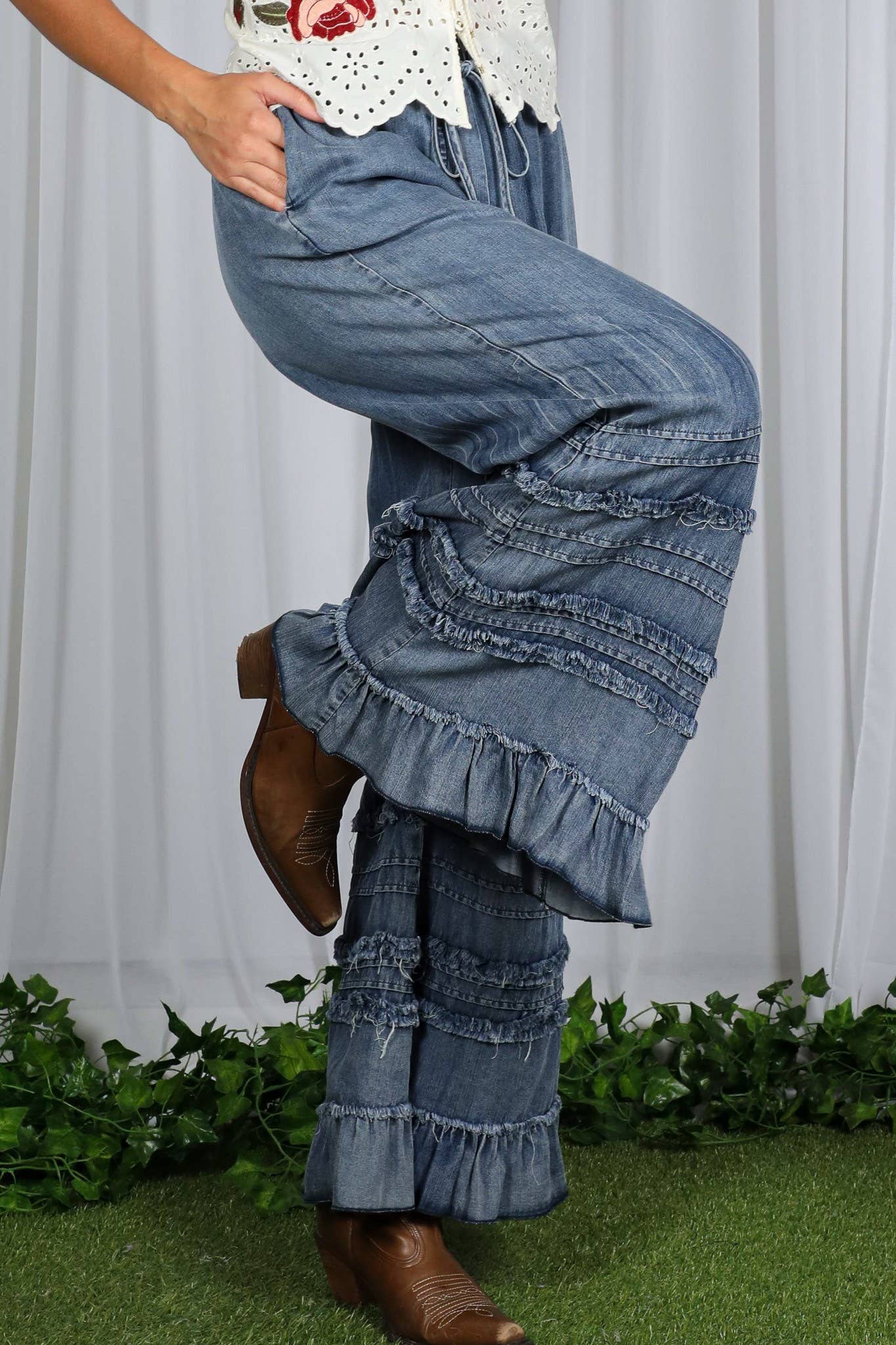 Ruffle Hem Chambray Pants