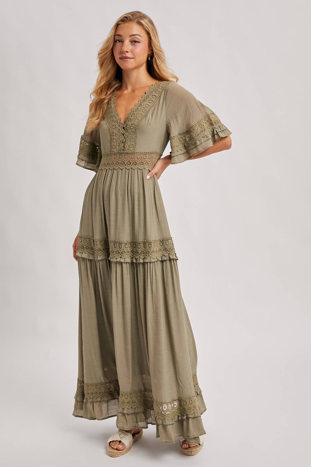 V-NECK LACE TRIM MAXI