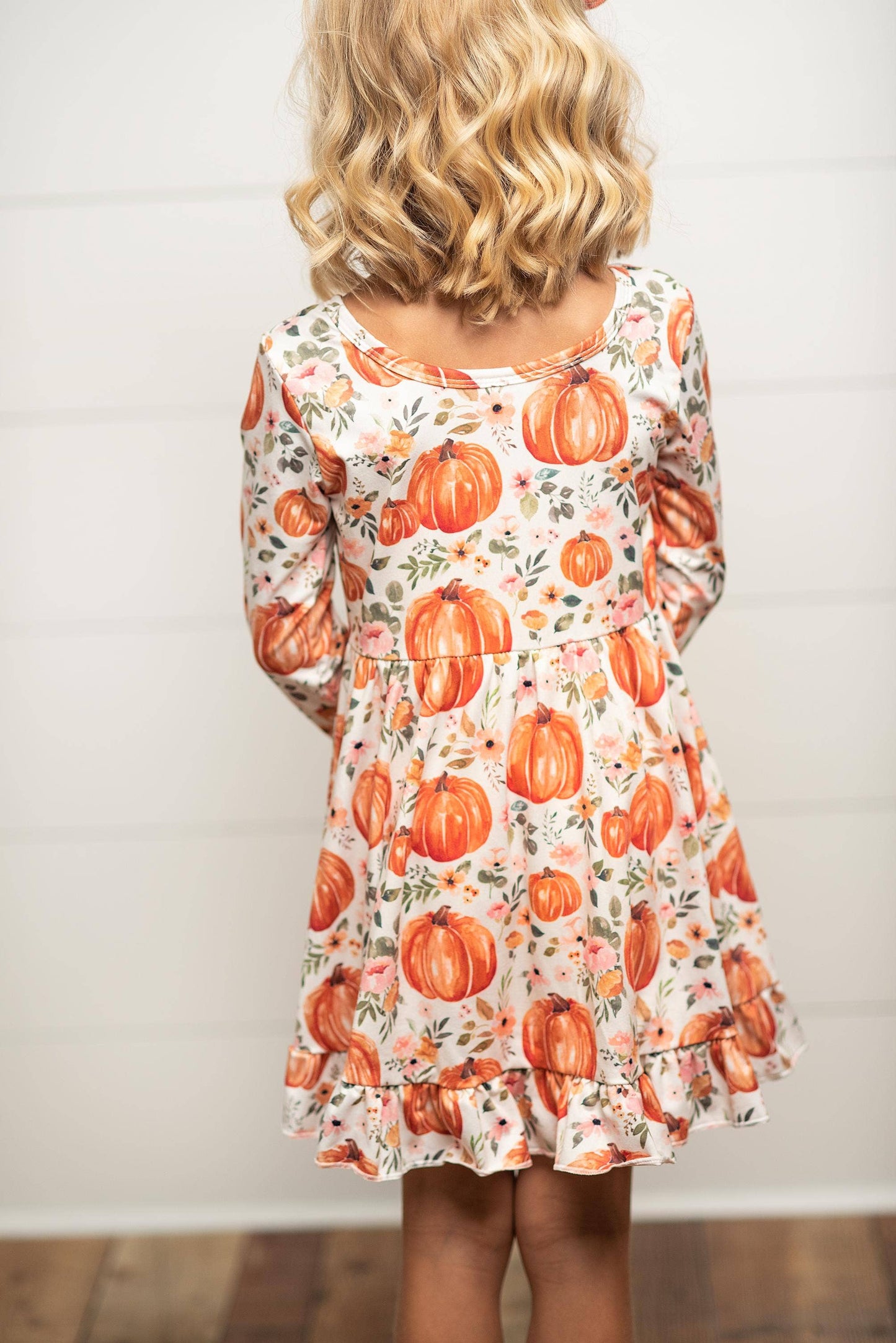 Kids Pumpkin & Floral Print Long Sleeve Fall Twirl Dress