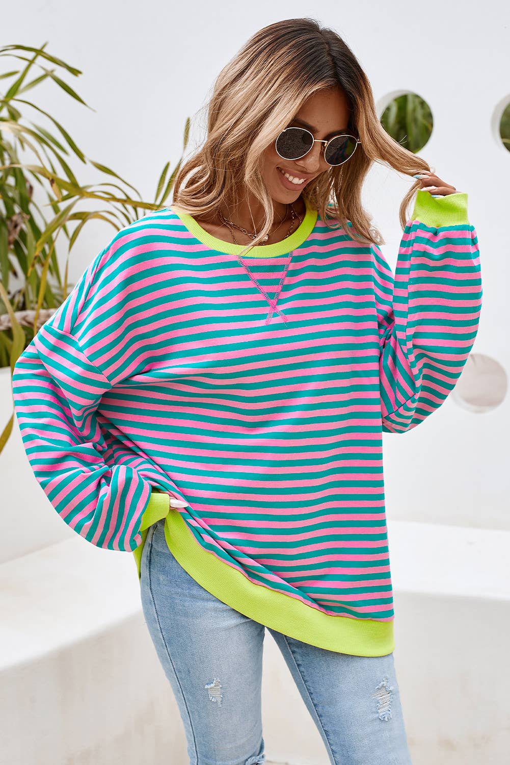 LDC Stripe Contrast Trim Oversized Pullover Sweatshirt