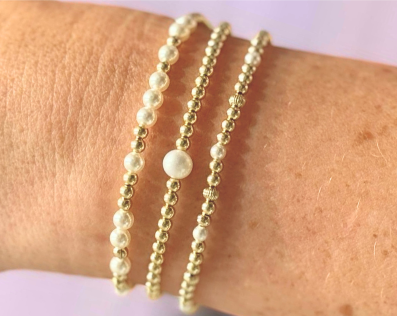 "VENICE" Gold Filled and Pearl Beaded Bracelets Stack