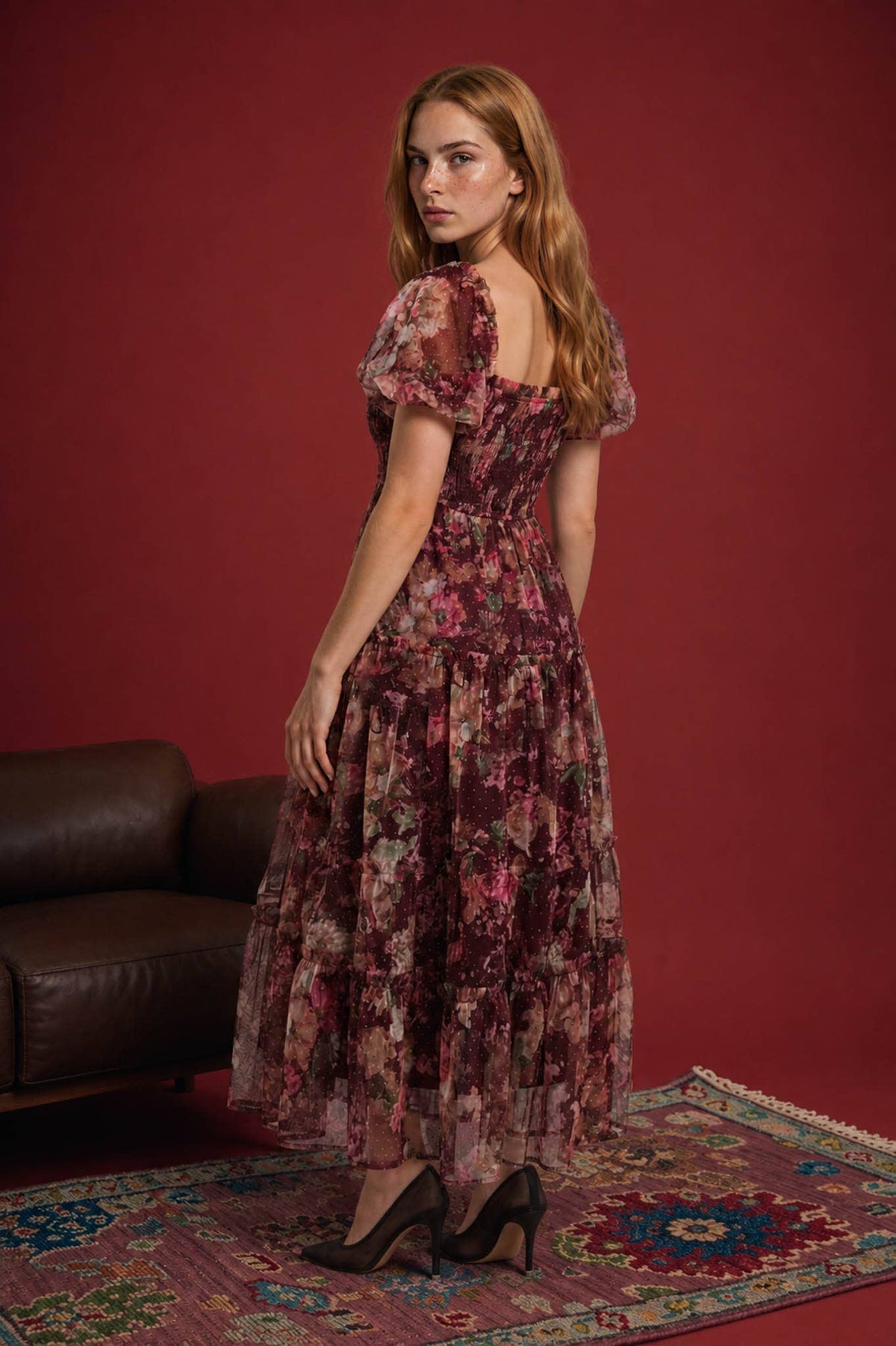 BURGUNDY FLORAL PUFF SLEEVE DRESS