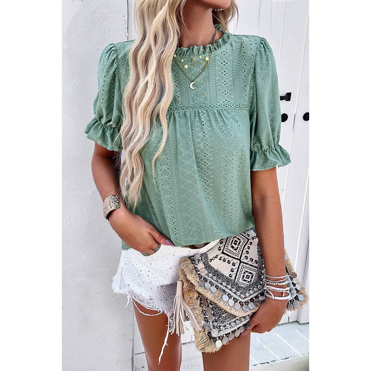 Lace Hollow Out Ruffle Loose Fit Blouse