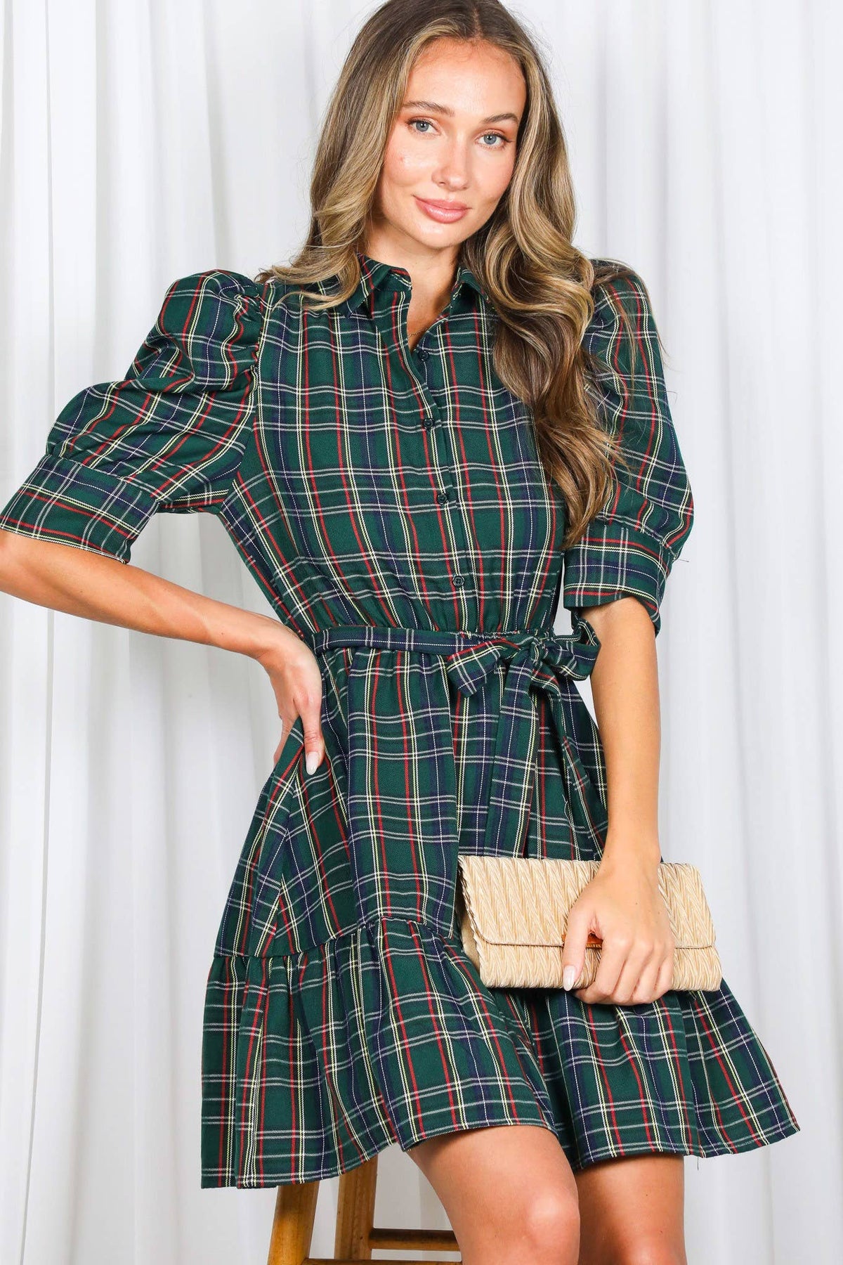 Plaid  Puff Sleeve Mini Dress