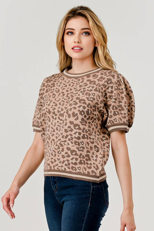 Leopard Puff Sleeve Sweater Top