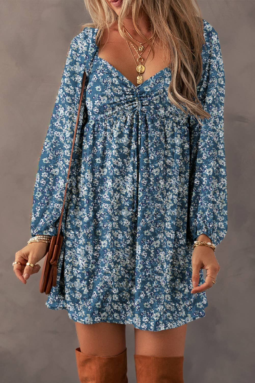 Ruched Sweetheart Neck Floral Mini Dress