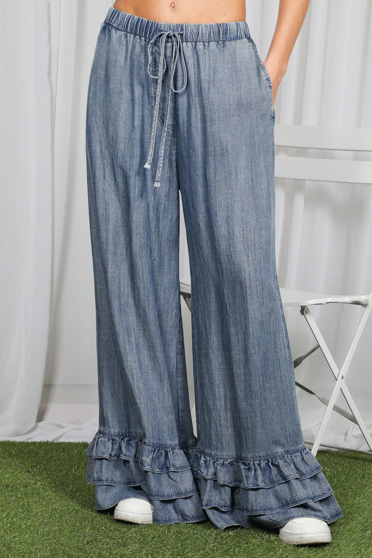 Ruffle Hem Chambray Pants