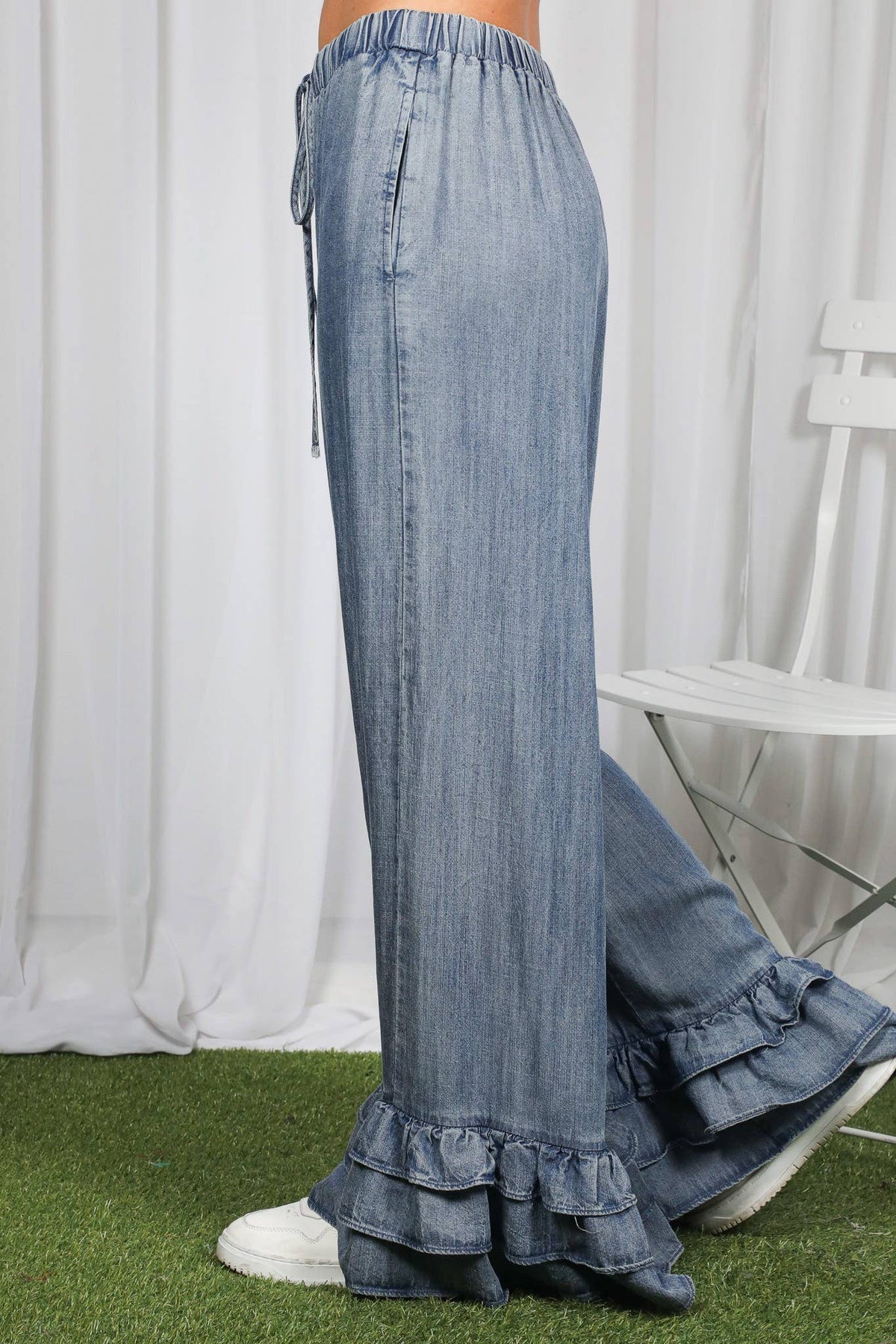 Ruffle Hem Chambray Pants