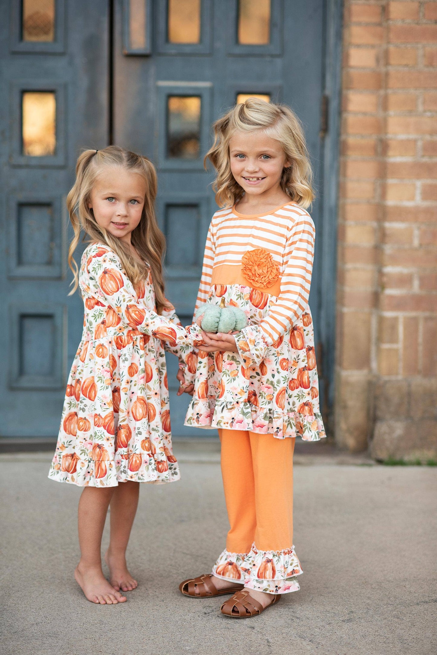 Kids Pumpkin & Floral Print Long Sleeve Fall Twirl Dress