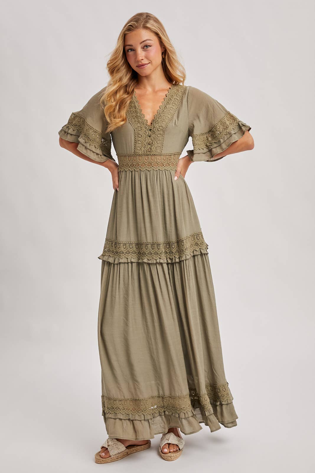 V-NECK LACE TRIM MAXI