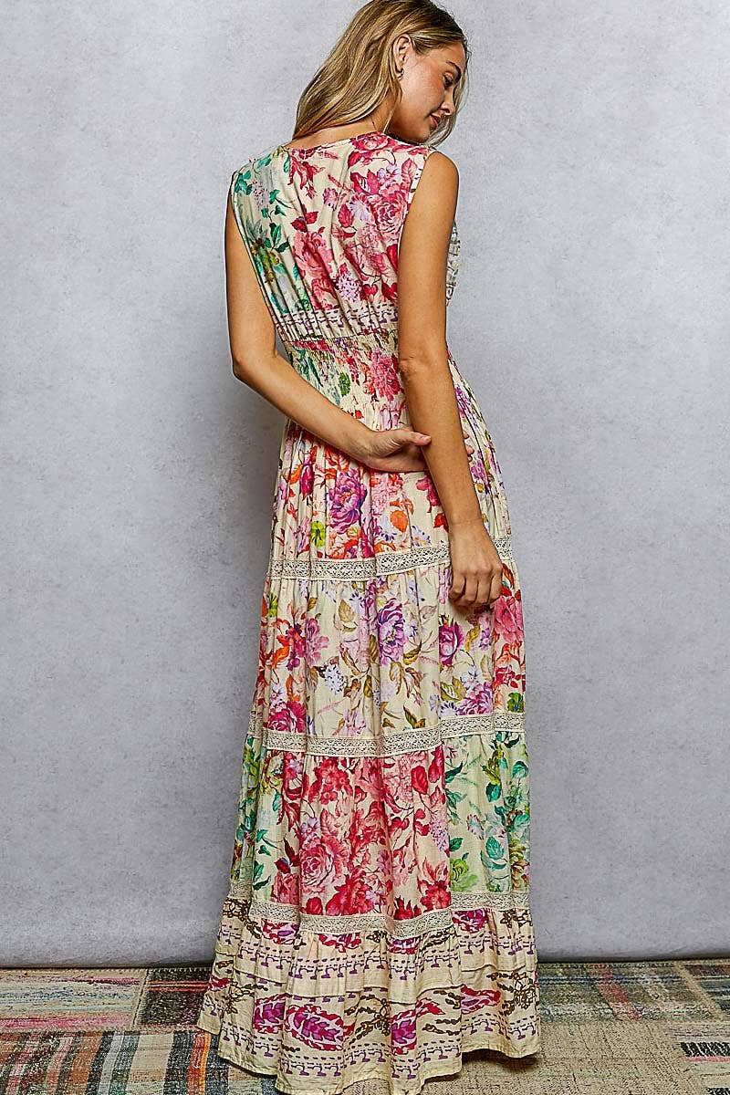 V-neck Smocked Floral Maxi Dress