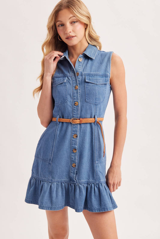 BUTTON DOWN DENIM DRESS W/BELT