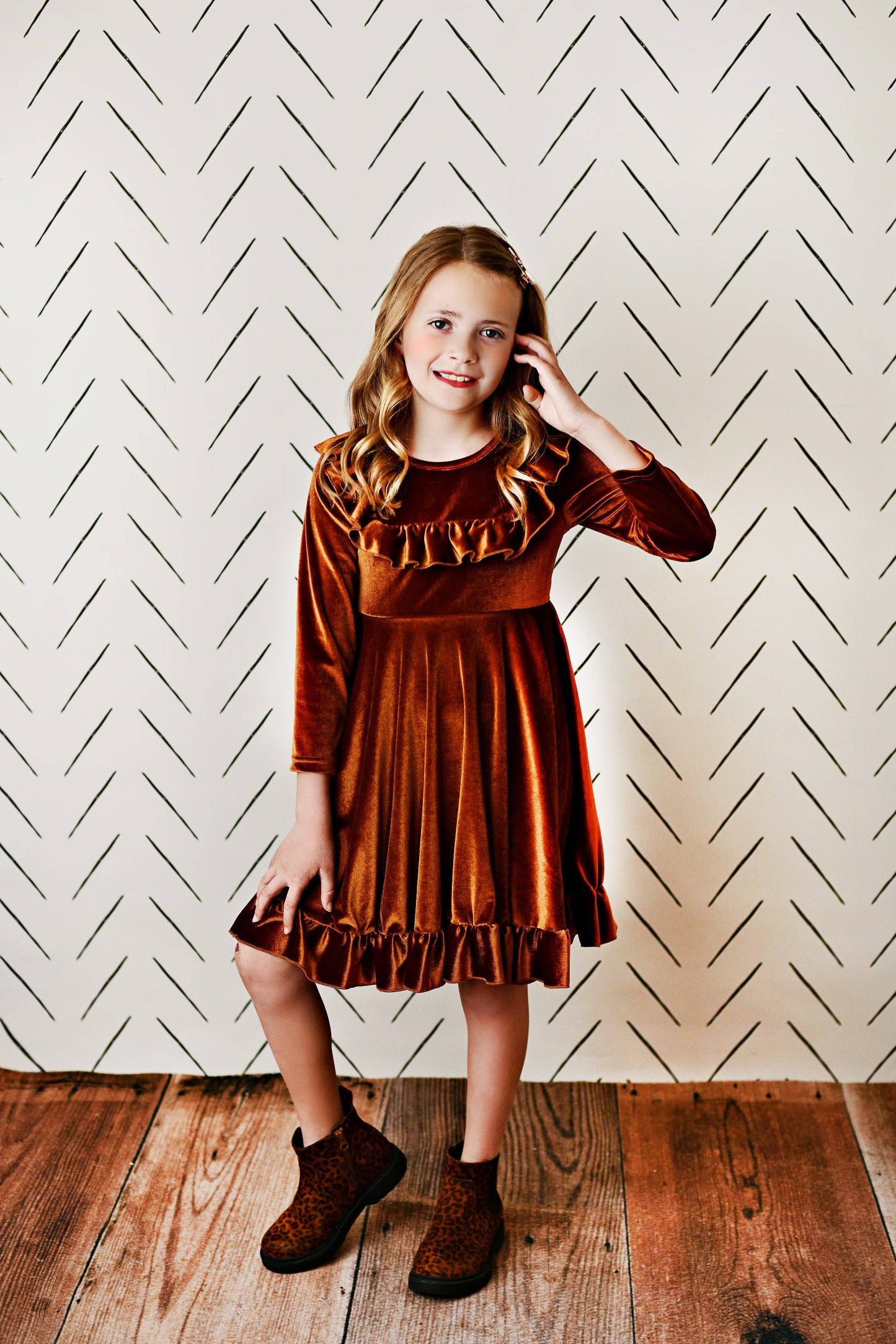 Kids Rust Velvet Ruffle Fancy Winter Christmas Holiday Dress