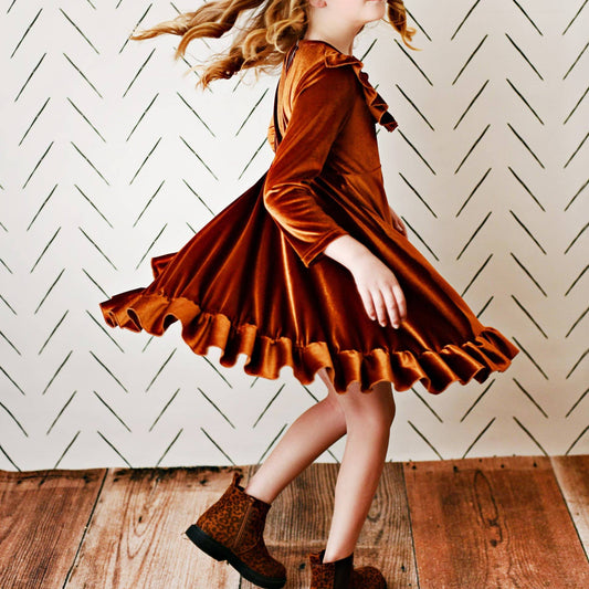 Kids Rust Velvet Ruffle Fancy Winter Christmas Holiday Dress