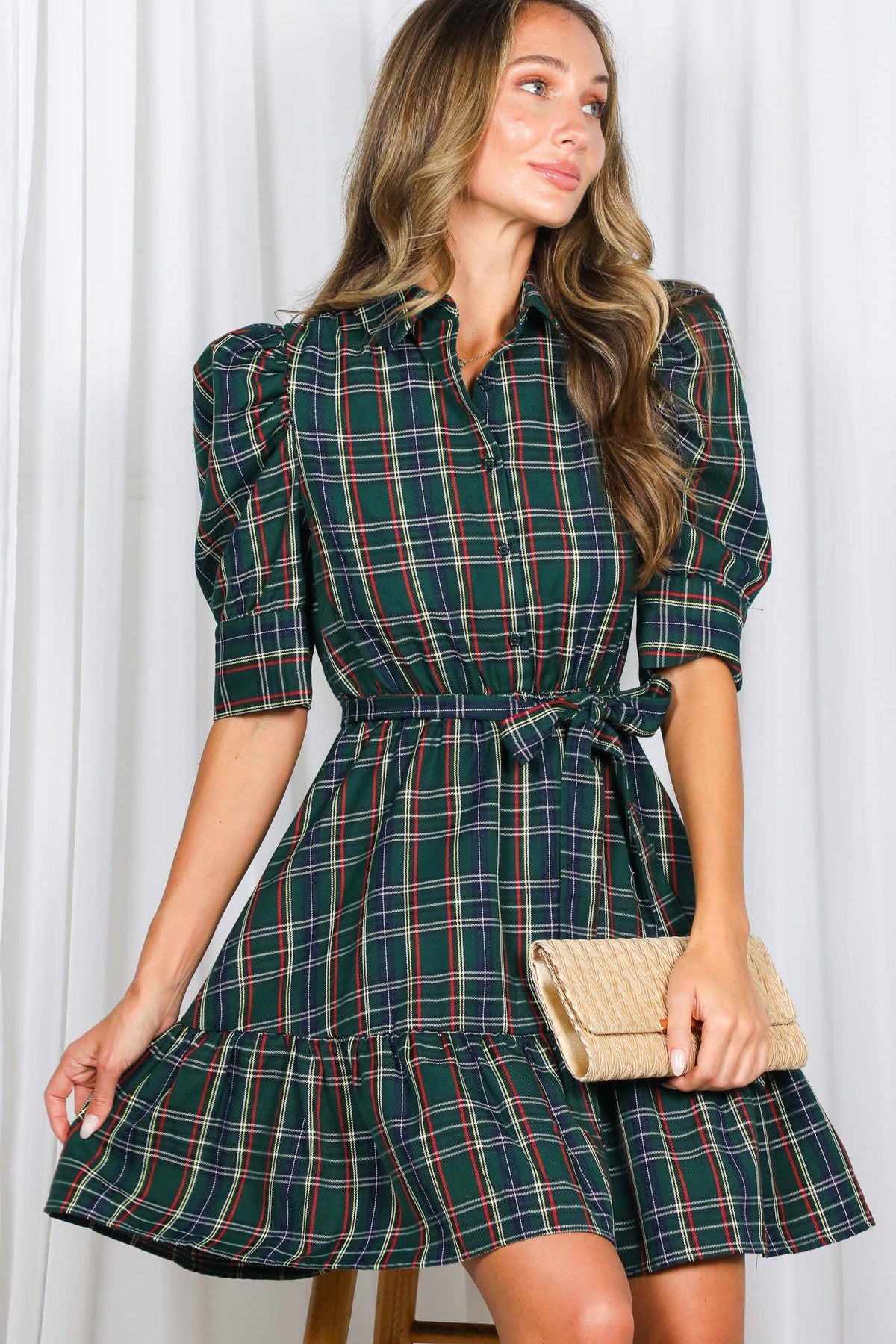 Plaid  Puff Sleeve Mini Dress