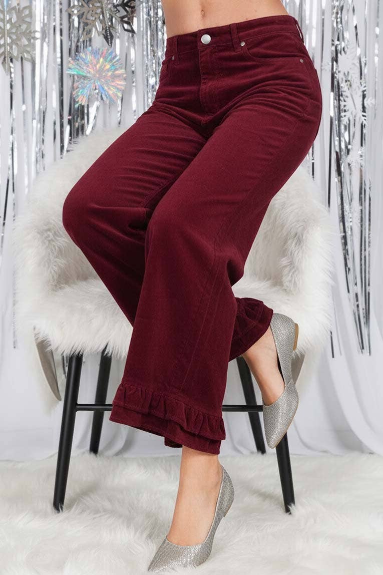 Corduroy Wide-Leg Ruffle Pants