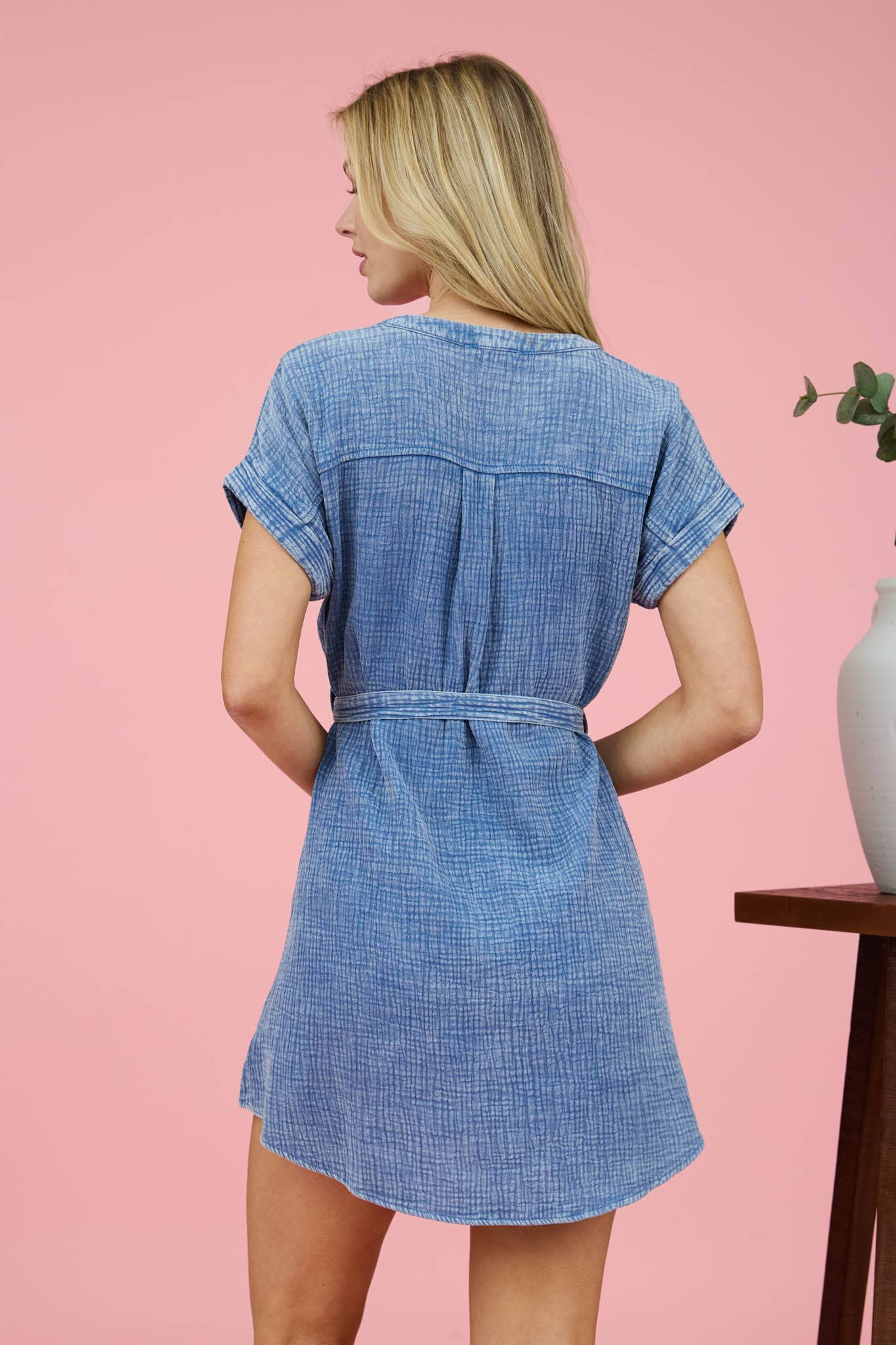 HALF BUTTON WAIST TIE MINI DRESS