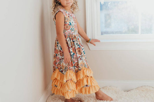 Kids Retro Butter Floral 3 Ruffle Summer Dress