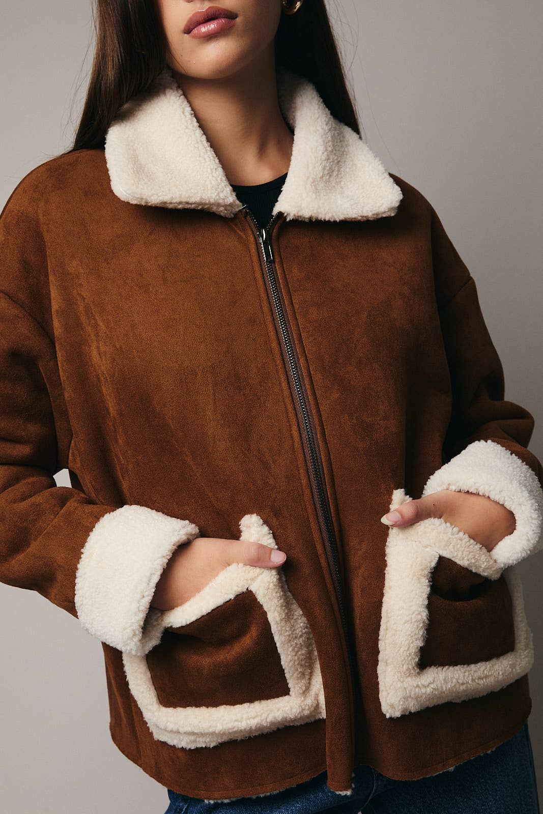 SUEDE JACKET w/FAUX SHEARING