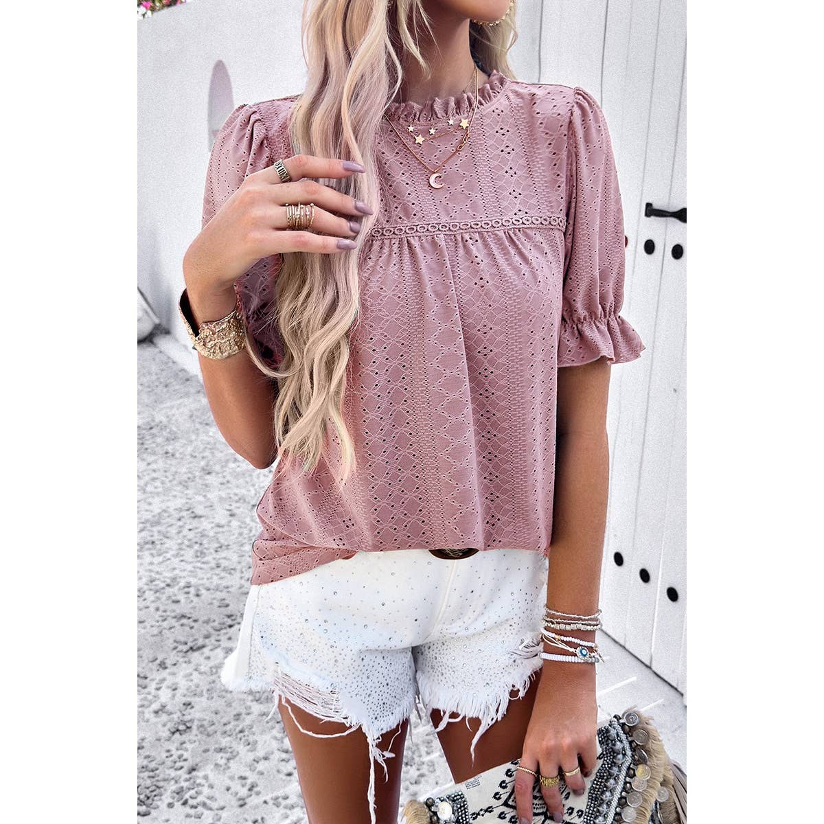 Lace Hollow Out Ruffle Loose Fit Blouse