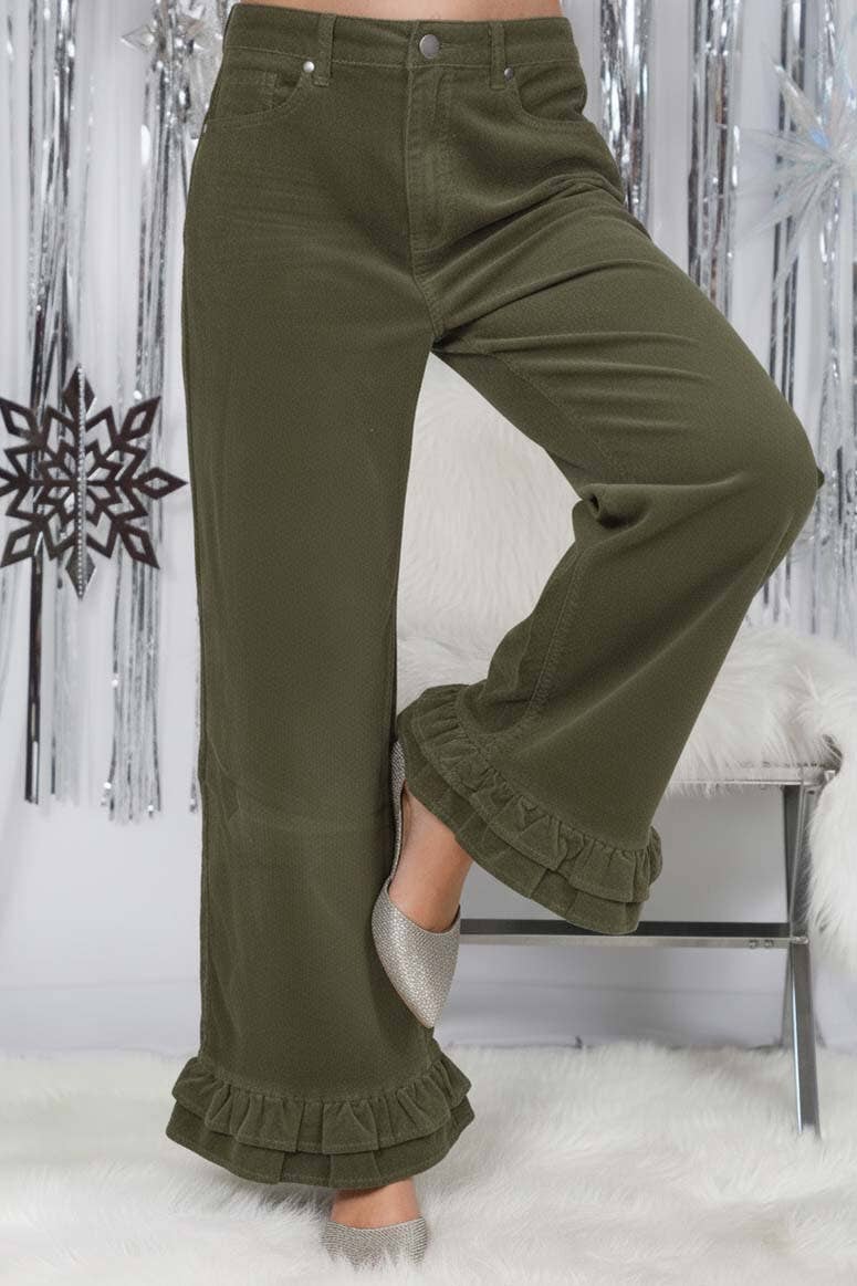 Corduroy Wide-Leg Ruffle Pants