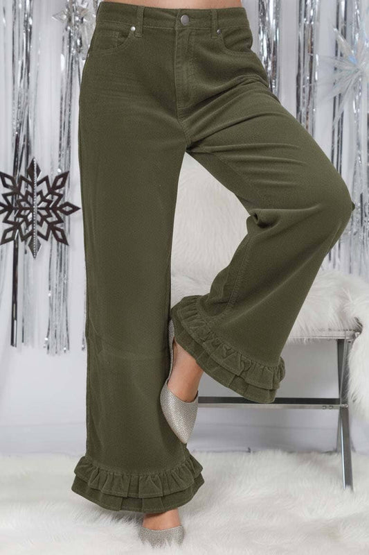 Corduroy Wide-Leg Ruffle Pants