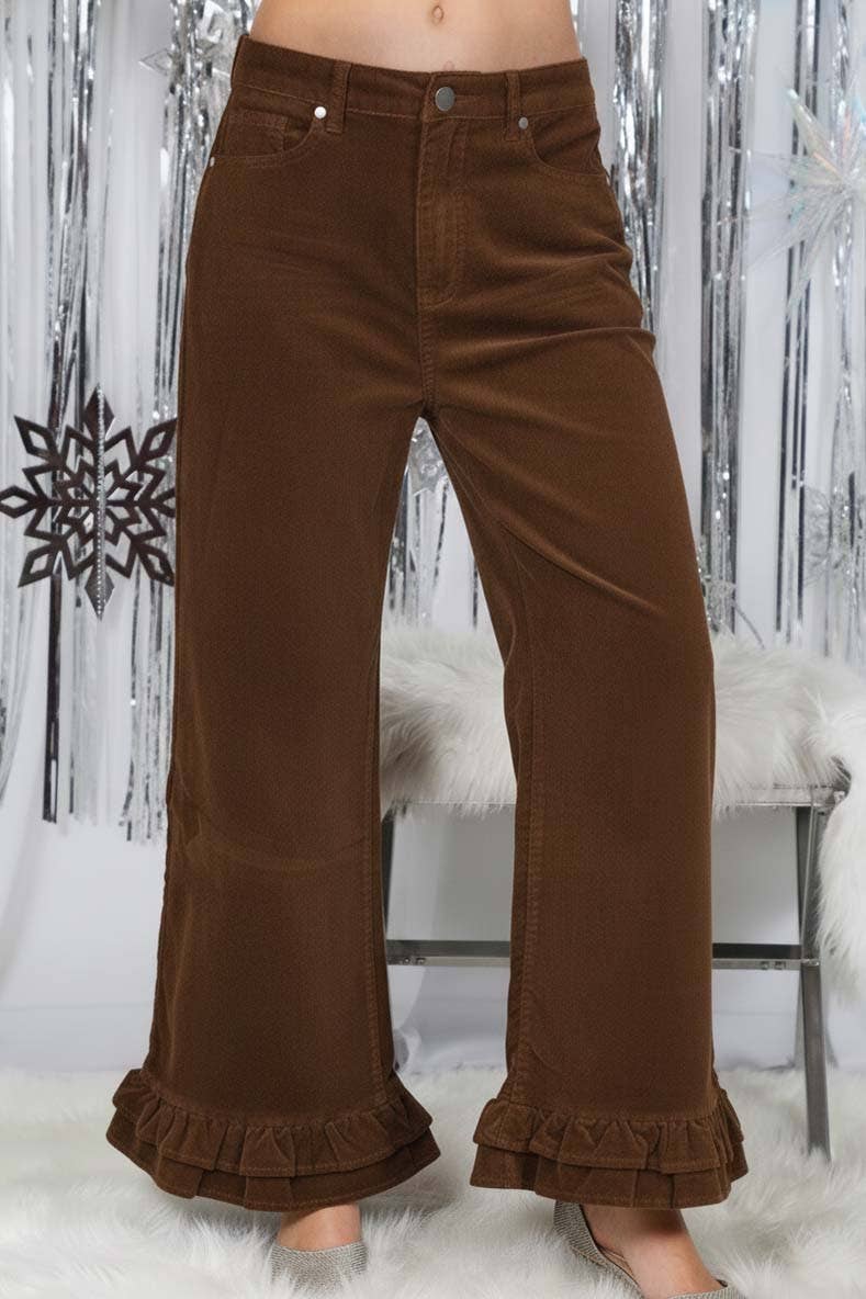 Corduroy Wide-Leg Ruffle Pants