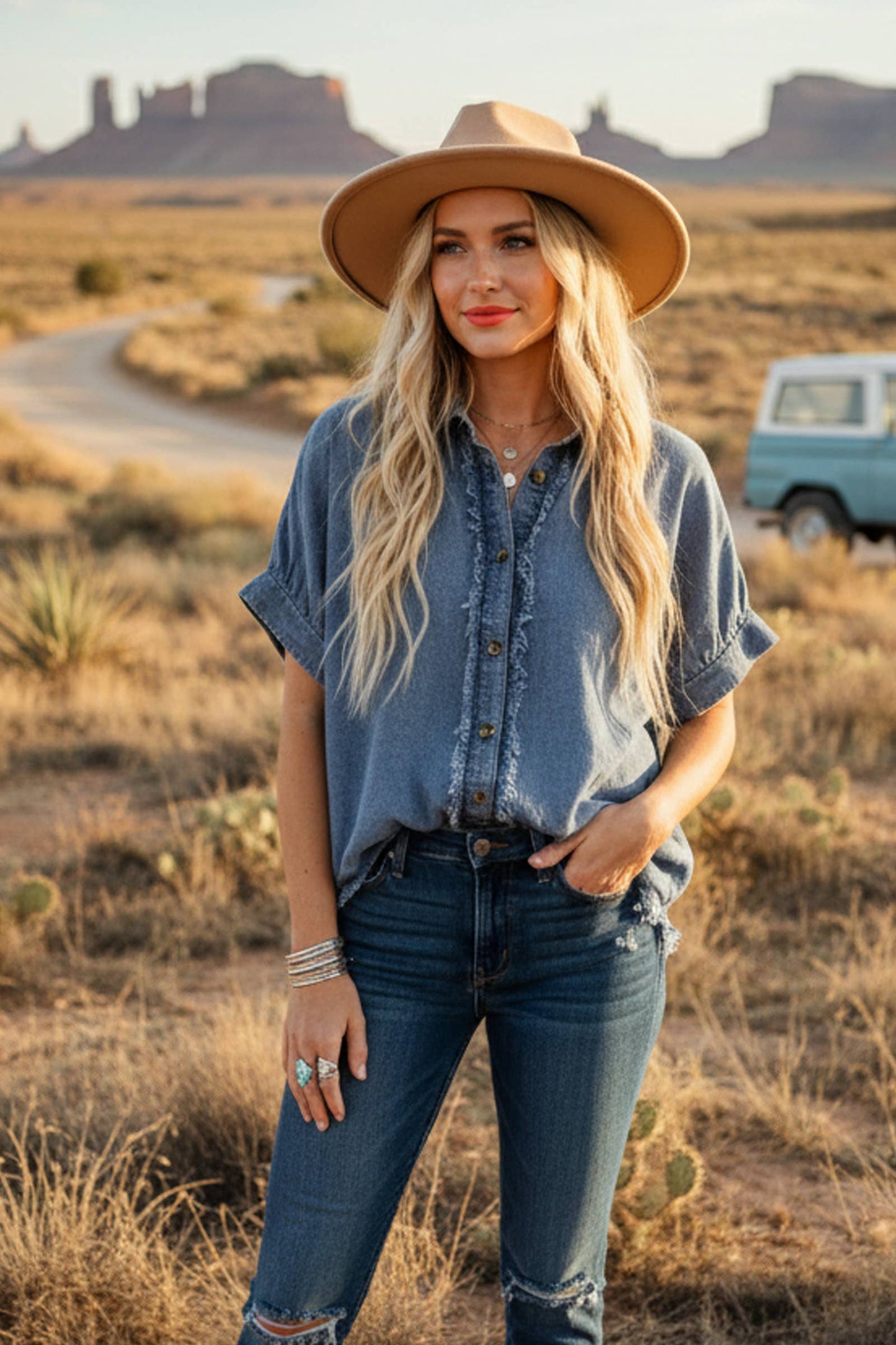 Frayed Trim Denim Top