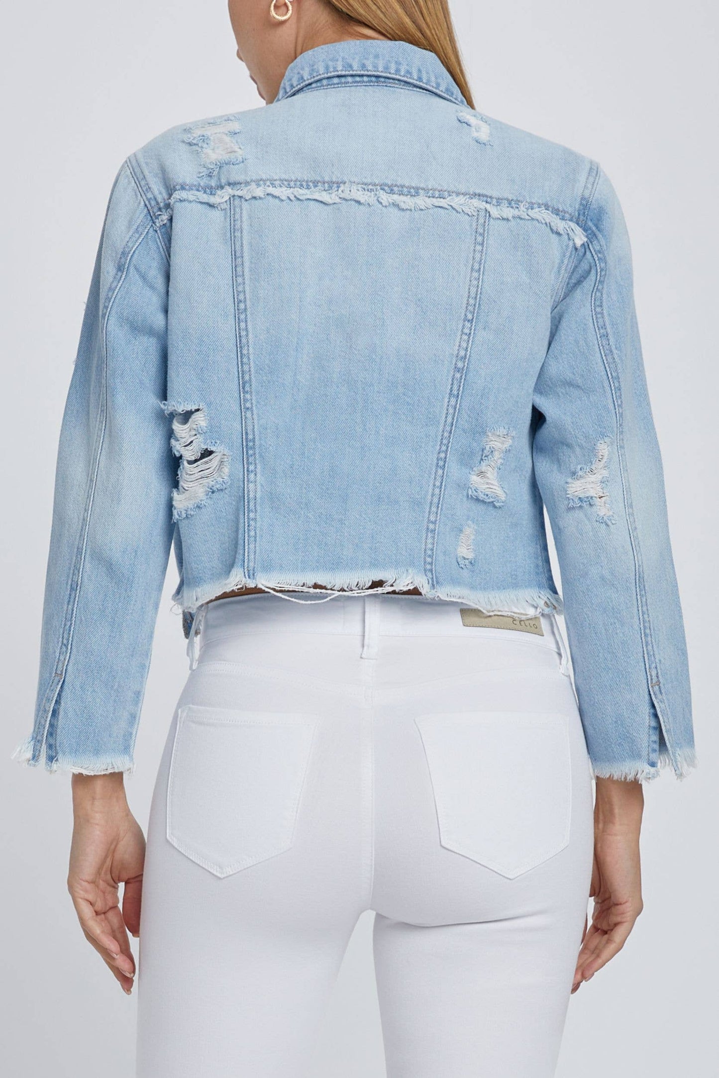 Light Denim Mid Length Jacket with All Over Fray Edges