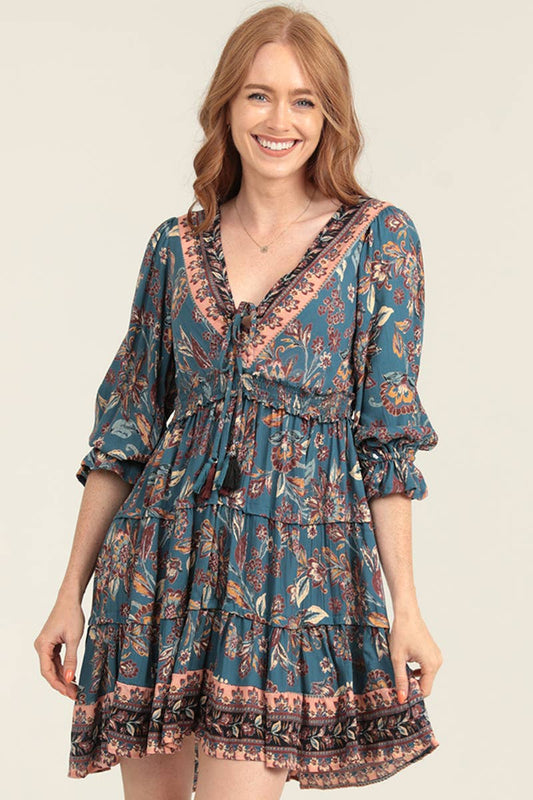 V NECK SMOCKED WAIST SKIRT DRESS