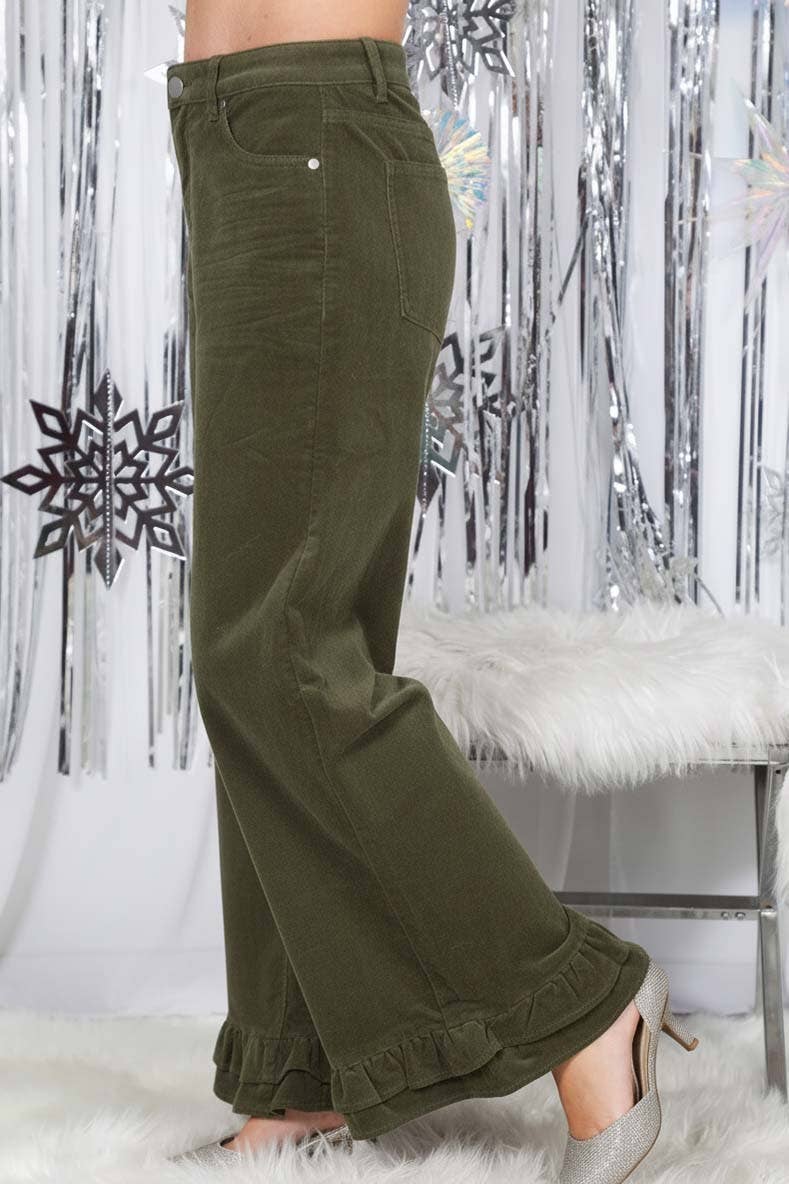 Corduroy Wide-Leg Ruffle Pants