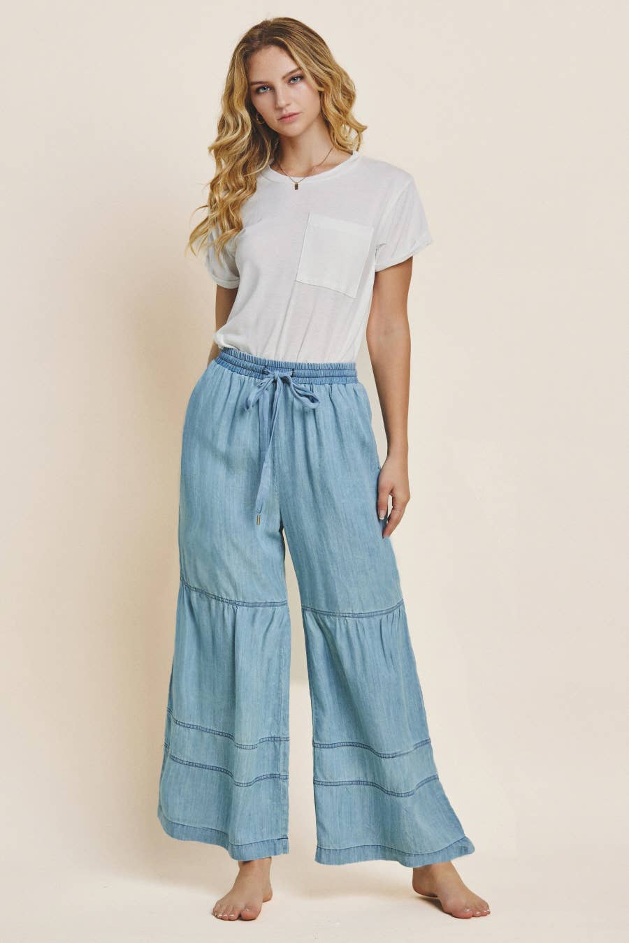 Washed Denim Wide Leg Pants