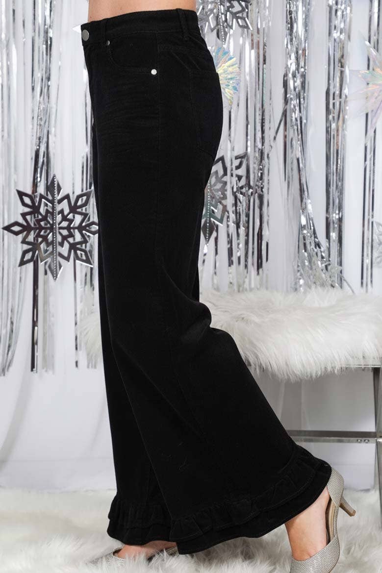 Corduroy Wide-Leg Ruffle Pants