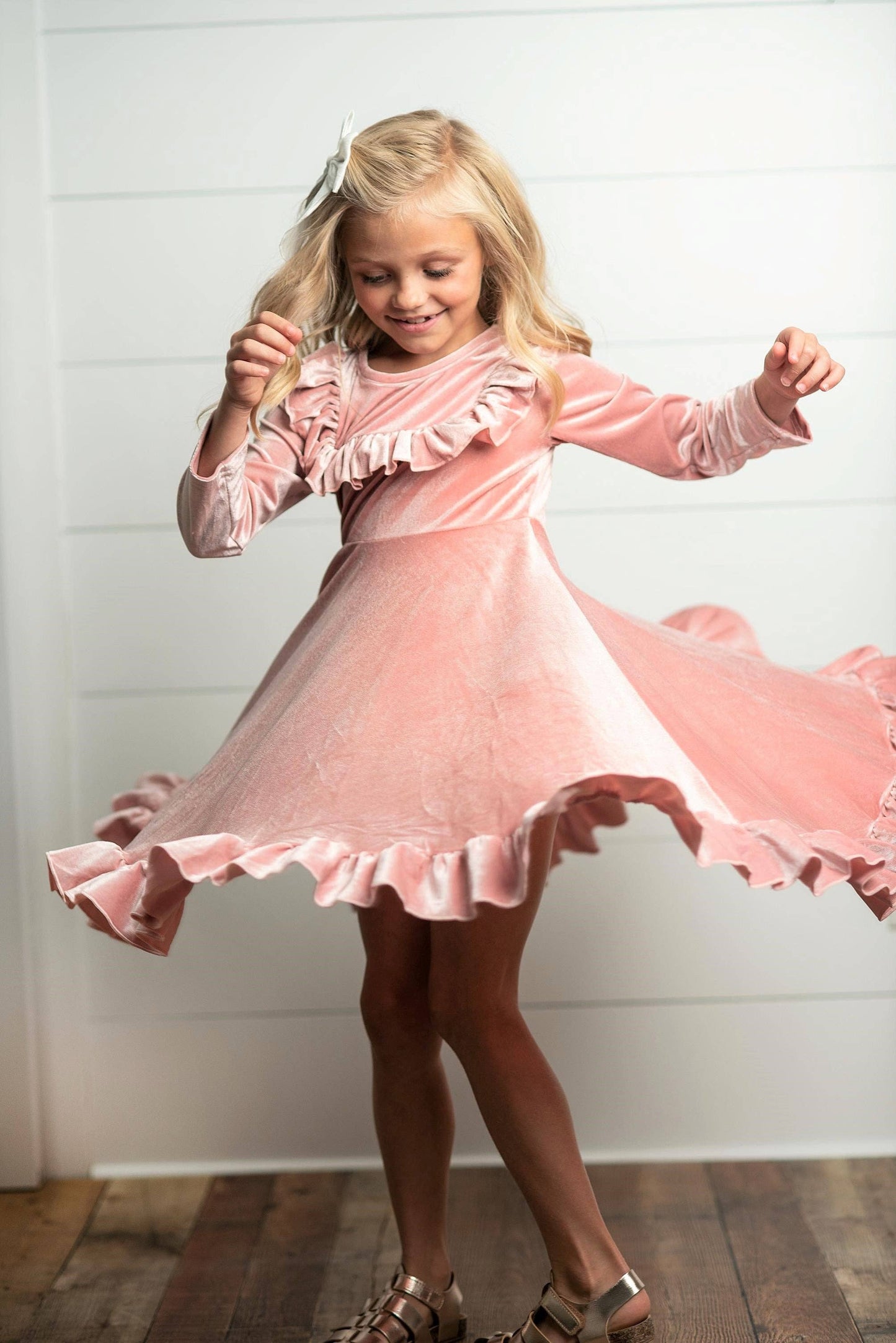 Kids Pink Velvet Ruffle Fancy Winter Christmas Holiday Dress