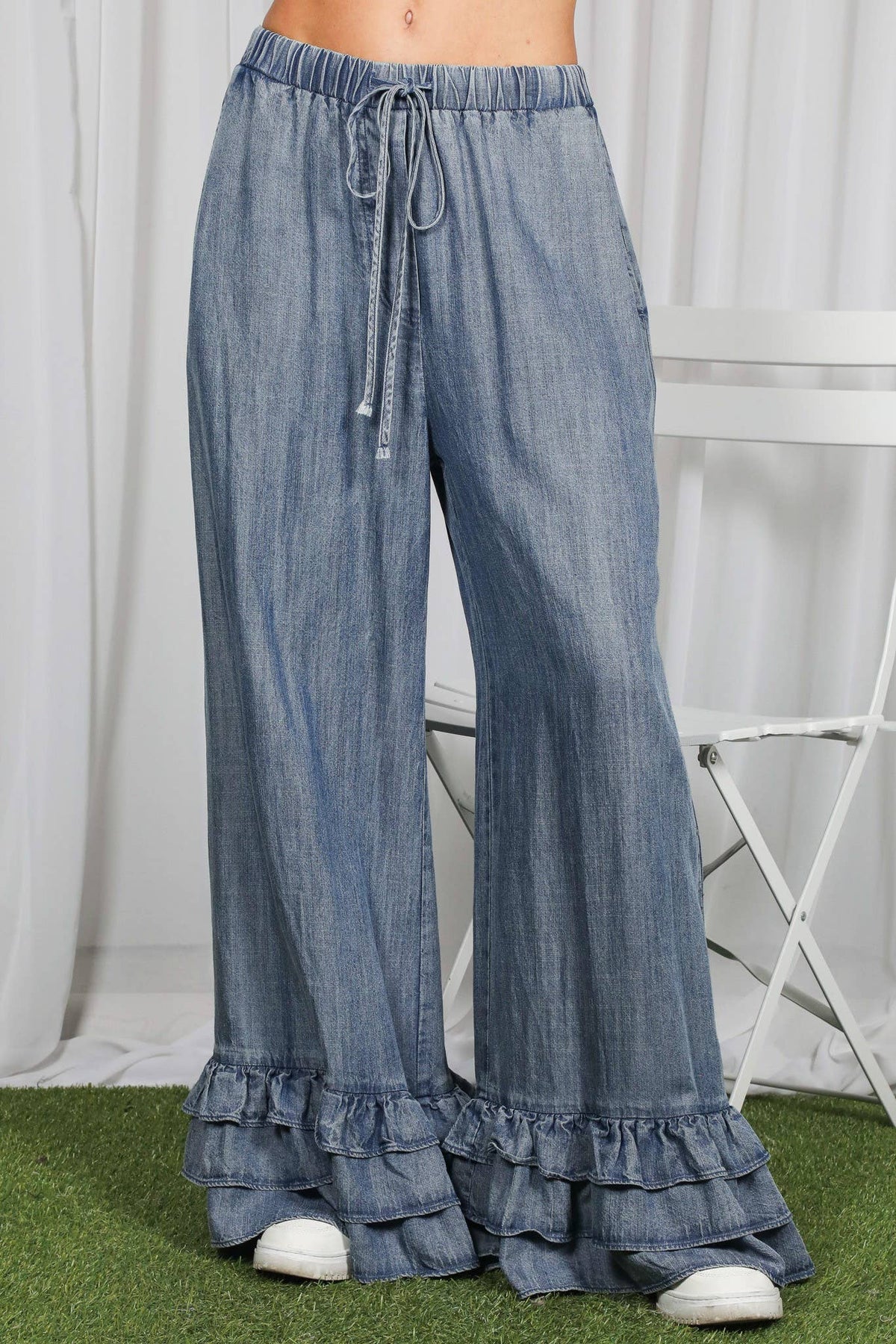 Ruffle Hem Chambray Pants