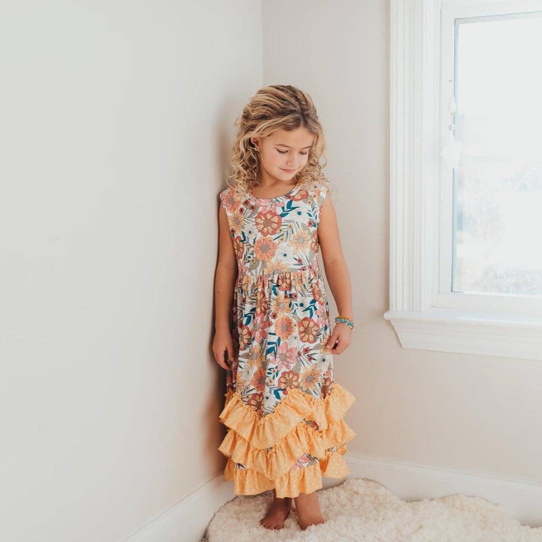 Kids Retro Butter Floral 3 Ruffle Summer Dress