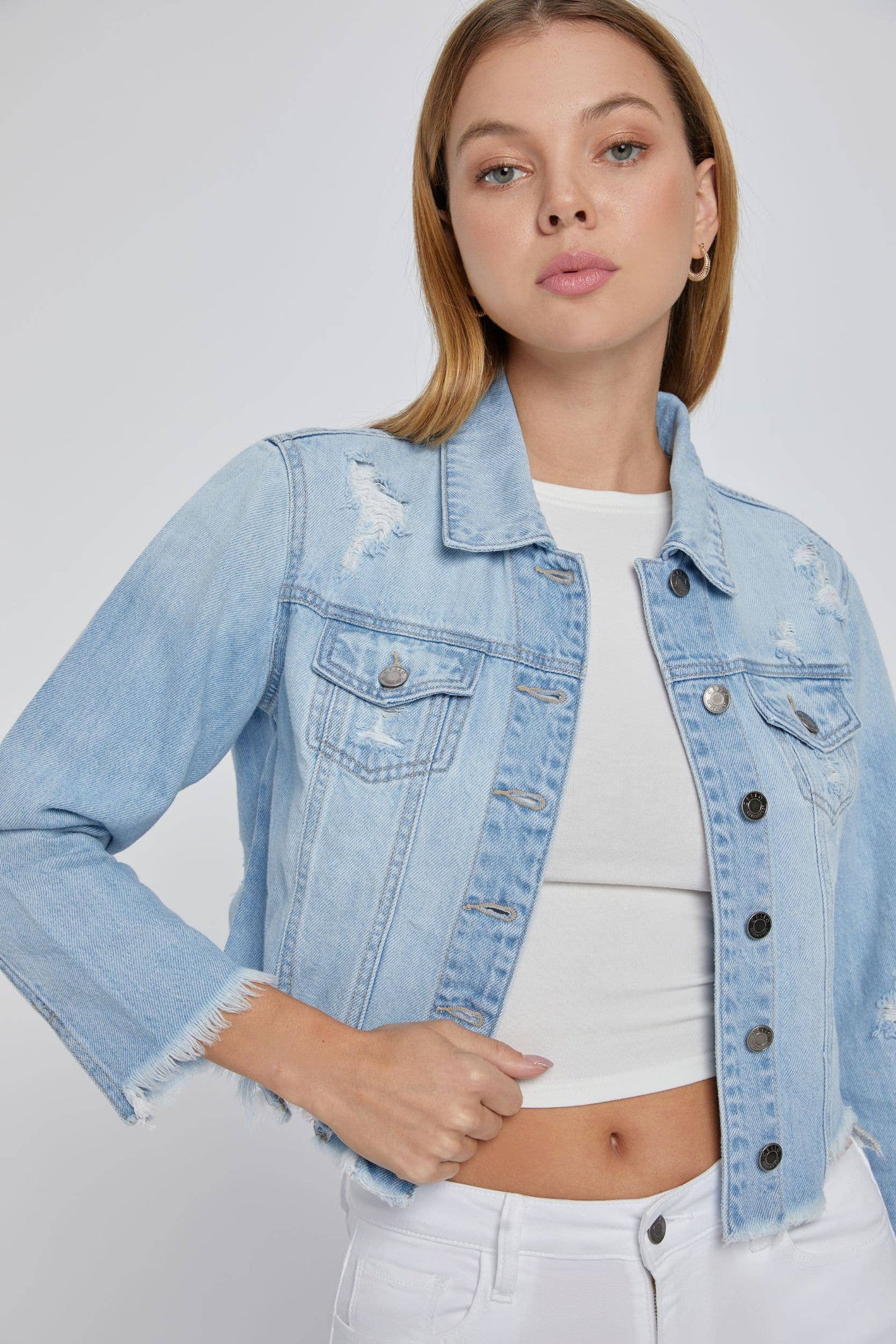 Light Denim Mid Length Jacket with All Over Fray Edges