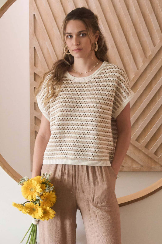 STRIPE BATWING SHORT SLEEVE SWEATER
