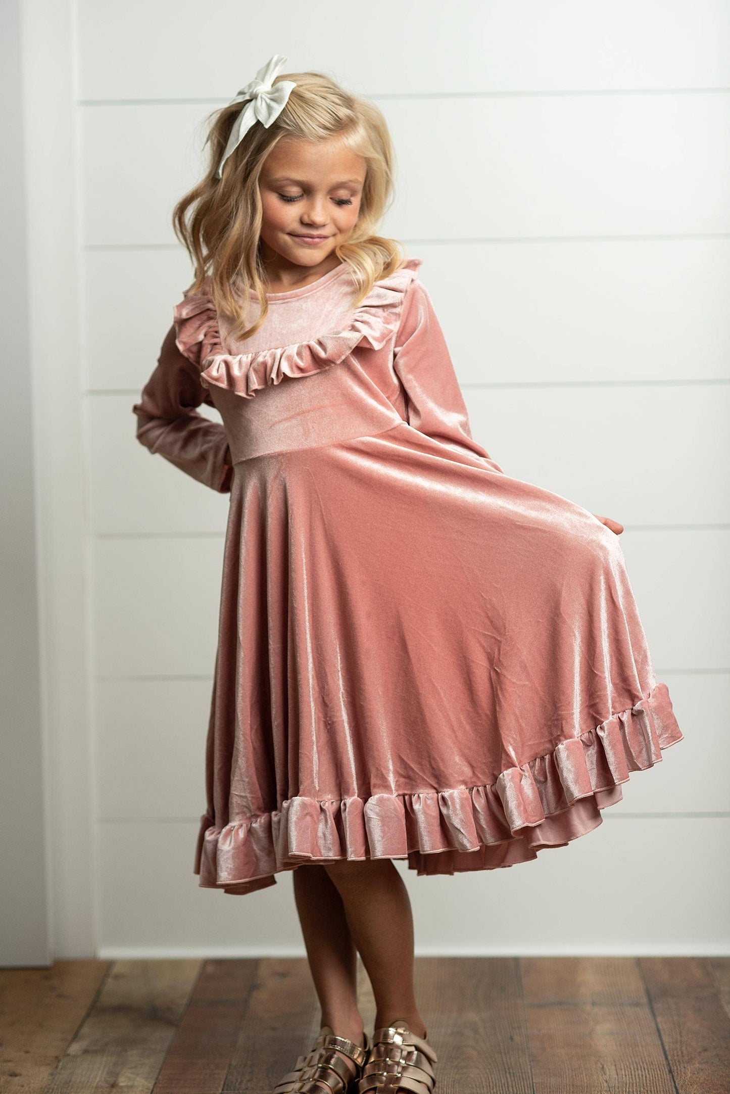 Kids Pink Velvet Ruffle Fancy Winter Christmas Holiday Dress