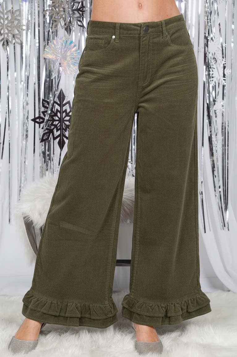 Corduroy Wide-Leg Ruffle Pants