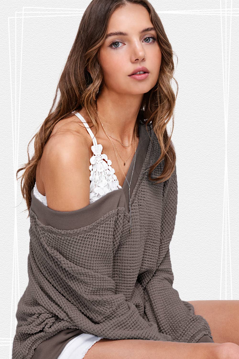 V-neck Waffle Long Sleeve Top