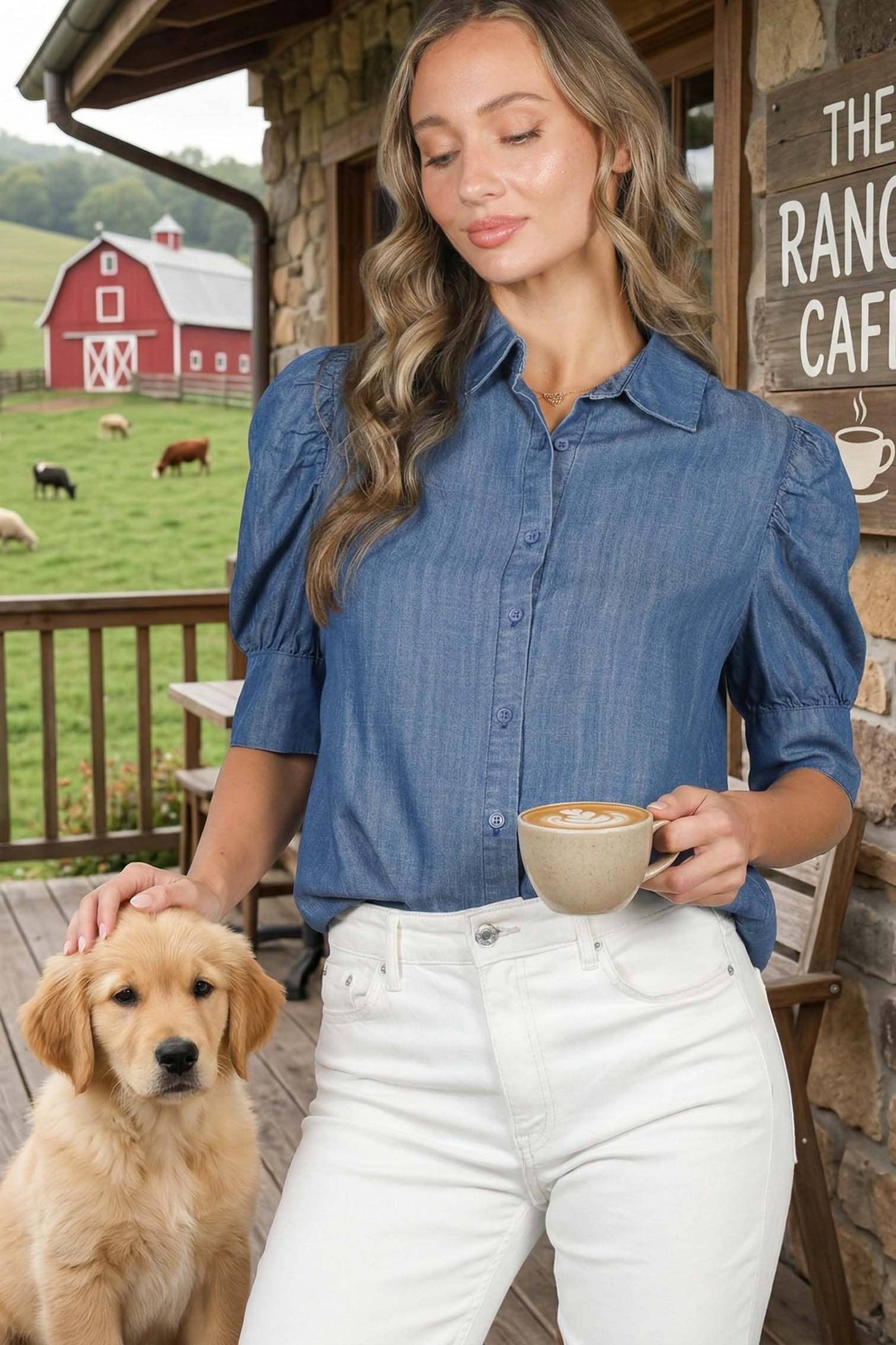 Puff-Sleeve Chambray Shirt