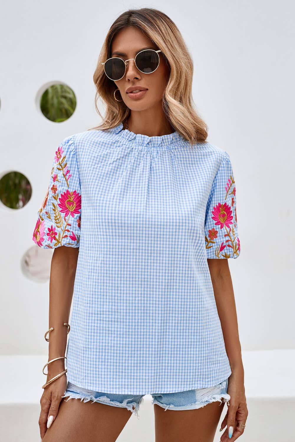 LDC Gingham Embroidered Puff Sleeve Blouse