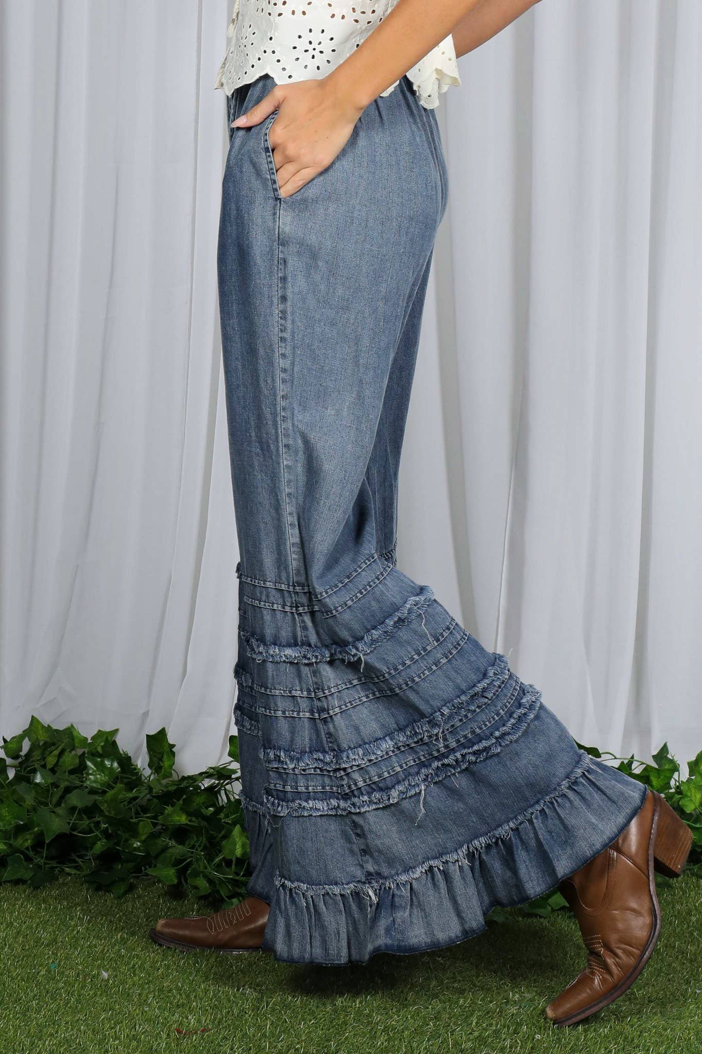 Ruffle Hem Chambray Pants