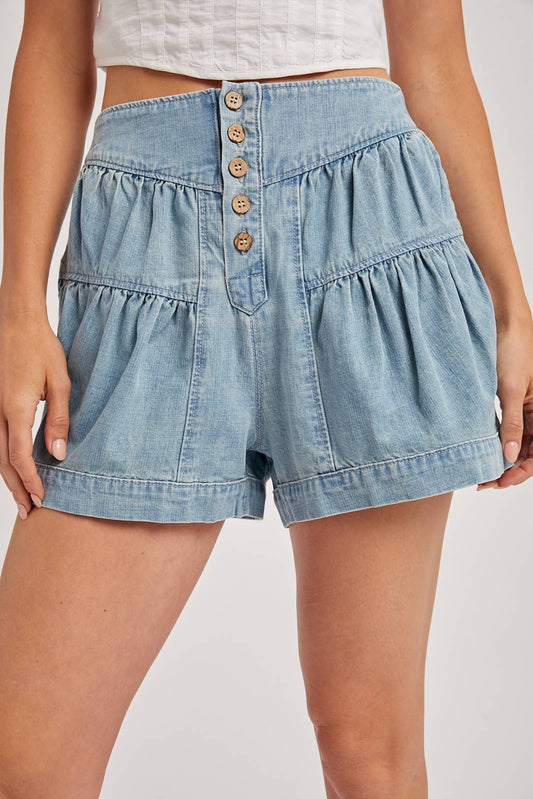 PLEATED DENIM SHORTS
