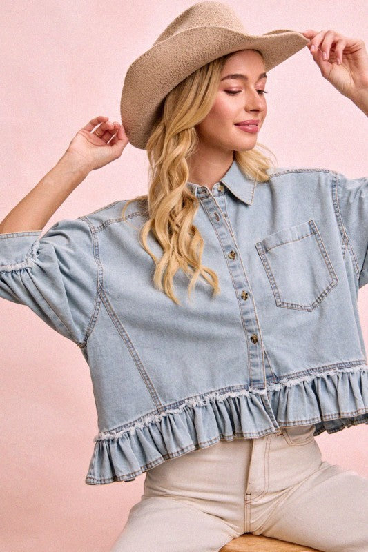 Denim Ruffled Button Up Top
