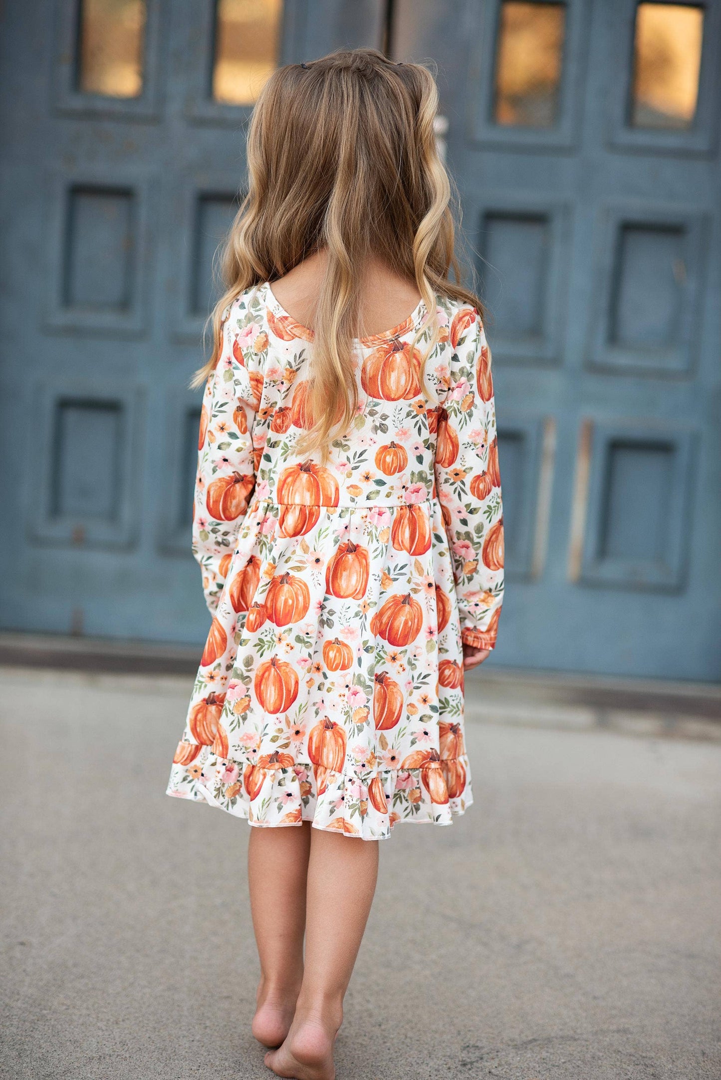 Kids Pumpkin & Floral Print Long Sleeve Fall Twirl Dress